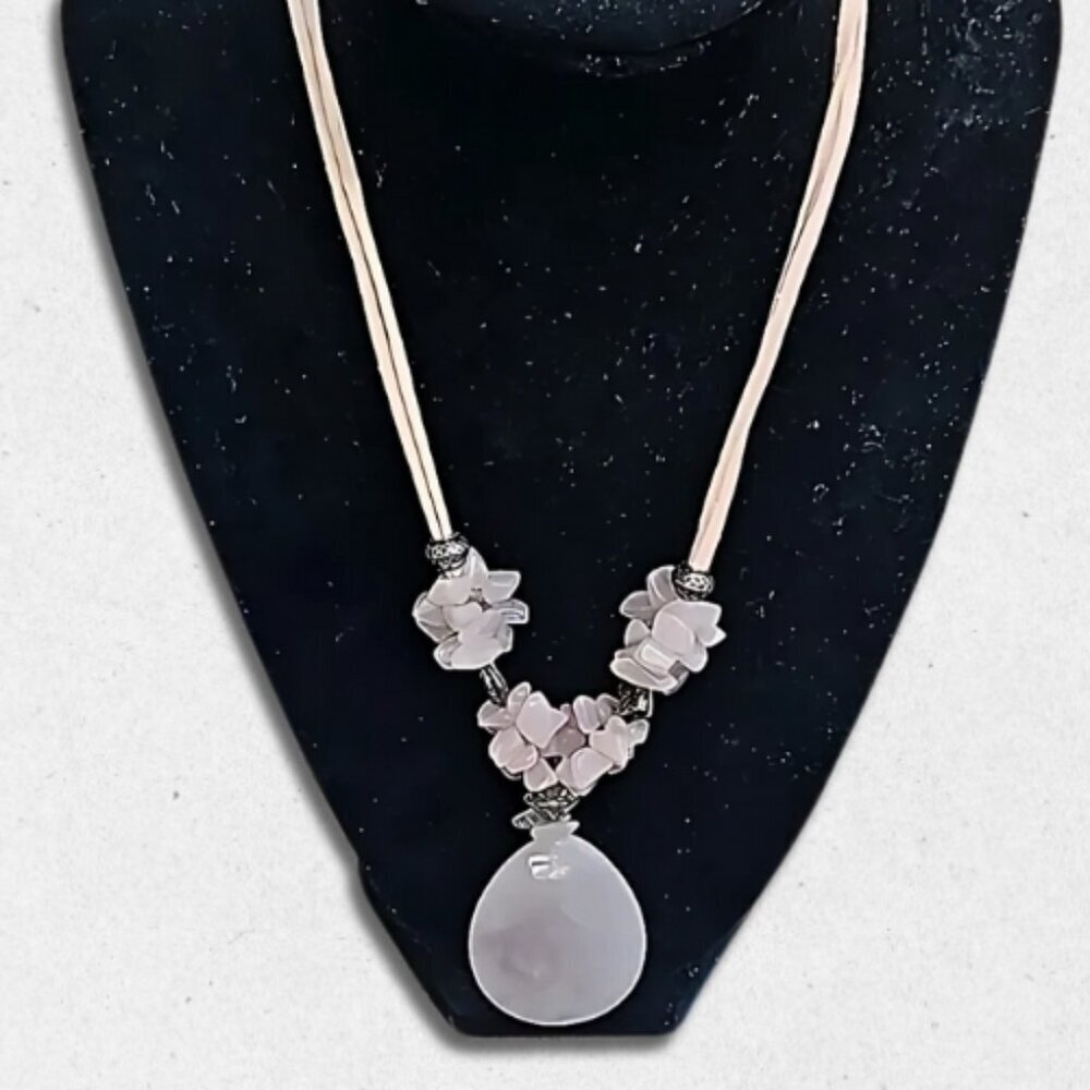 Quartz Necklace Silver tone Beads Suede Cord Customizable Length Light Pink W OS